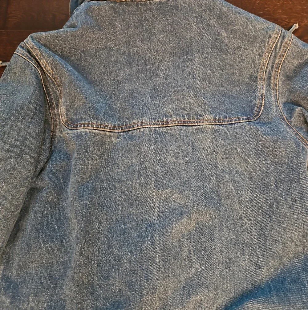 Vintage 90s Denim Duffle Coat Hooded Toggle Jacket Plaid Lined [Forenza]